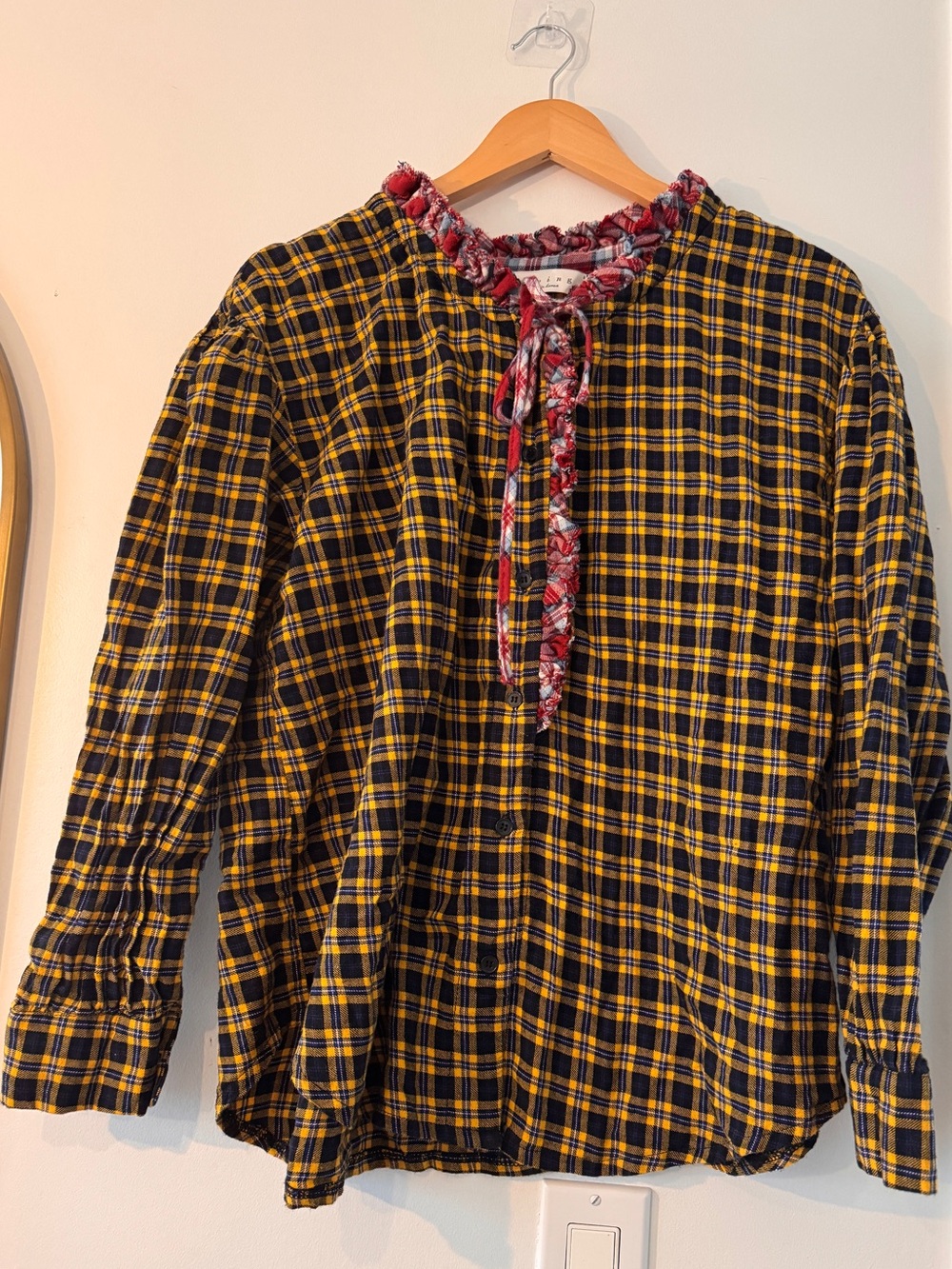 Yellow & Black Plaid Peasant Blouse with Red Trim